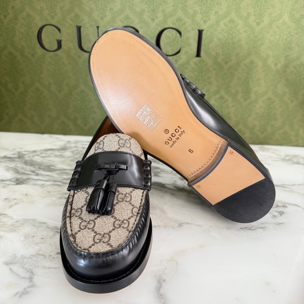 NWT Gucci 673817 Mens GG Logo Leather Loafers Shoes Black/Beige Gucci 5.5 - Picture 8 of 9